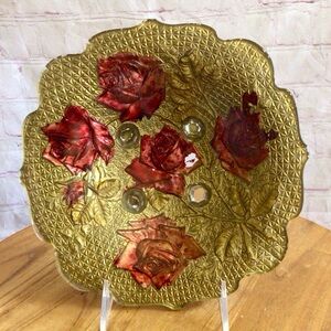 Vintage Goofus Glass Reverse Painted Gold with Red Roses Footed Glass Bowl